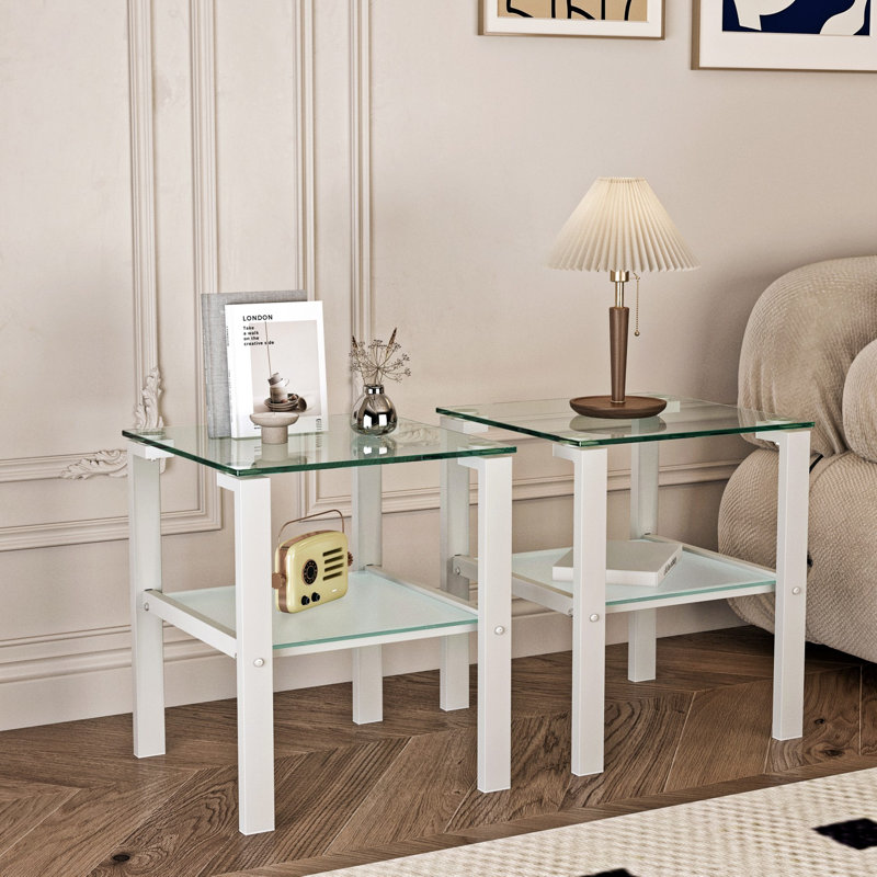 Set of 2 Small Round Glass Two Tier Tea Tables Ideal for Bedroom Corner Living Room Side Tables Brayden Studio Table Base Color White
